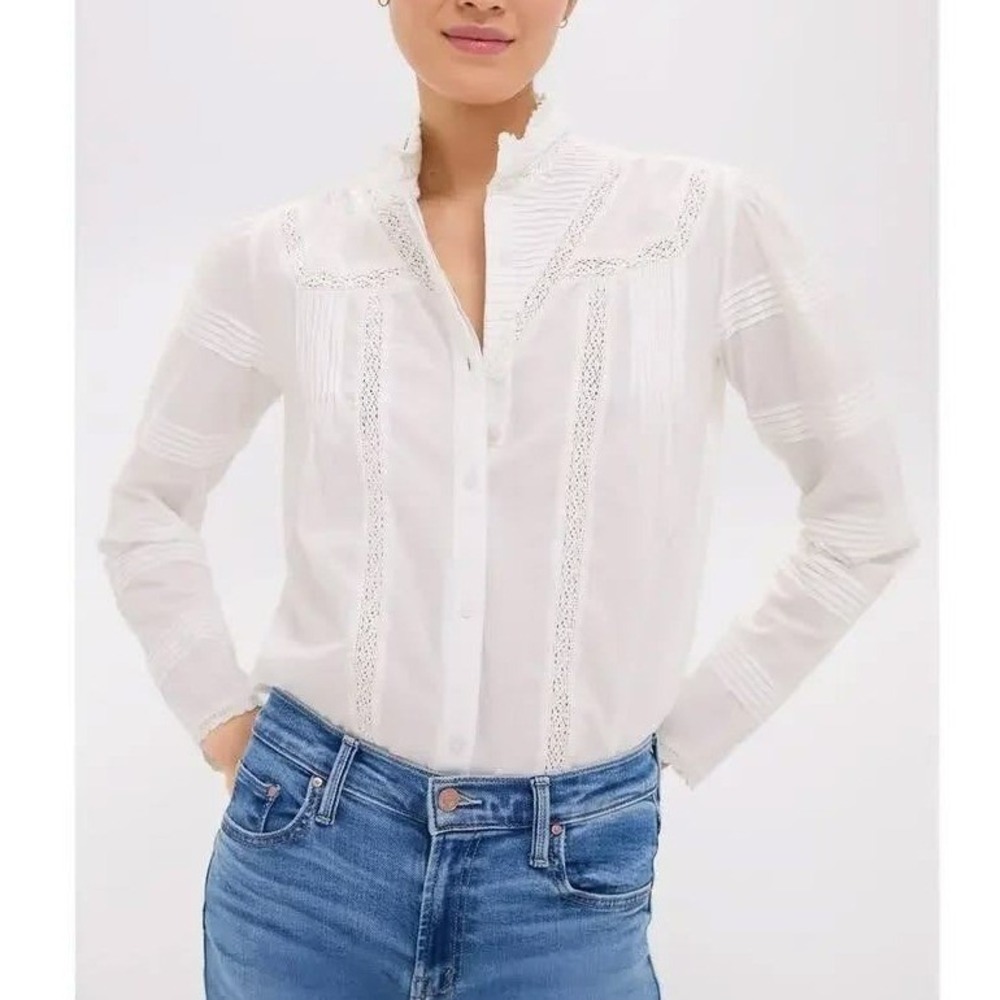 The Shirt Rochelle Behrens Priya Shirt XS White Linen Top Victorian Prairie Lace